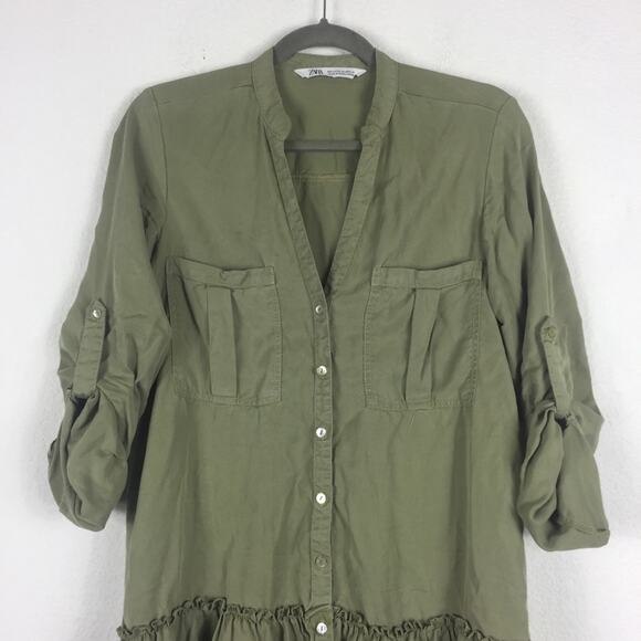 Zara Army Green Babydoll Ruffle Button Oversized Mini Dress XS Lightweight Beach - Picture 4 of 15